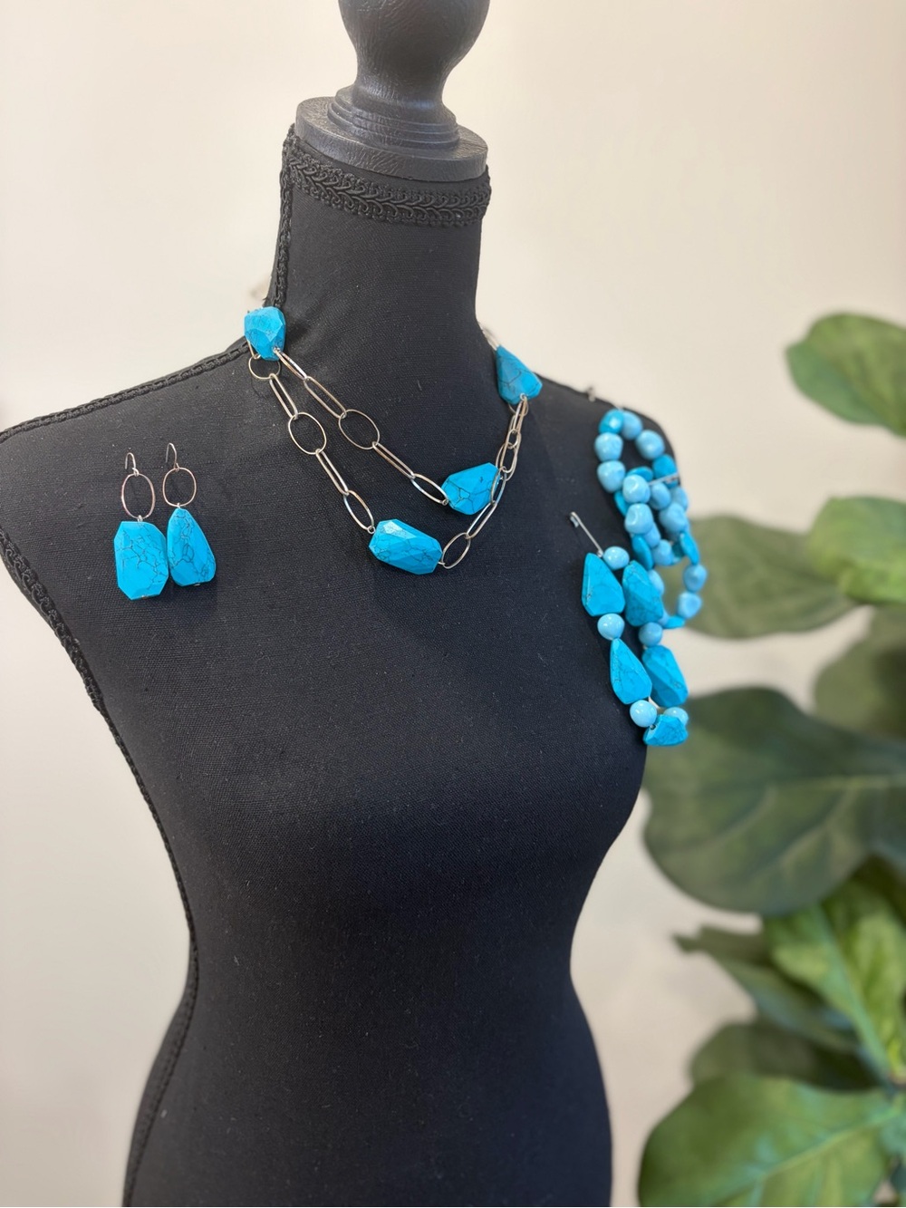 Turquoise Stone Layered Necklace with Matching Earrings - and 3 bracelets